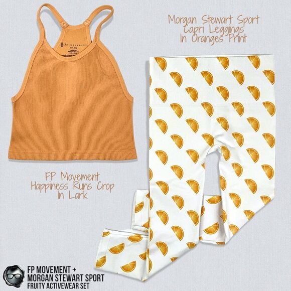 FP MOVEMENT HAPPINESS RUNS CROP LARK + MORGAN STEWART ORANGE SLICE CAPRI LEGGING - Picture 1 of 16